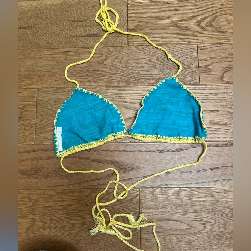 Indah turquoise and yellow knit bikini top Medium